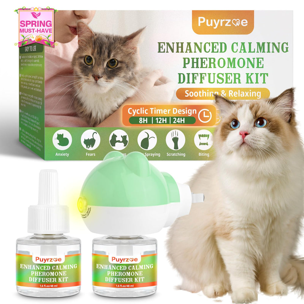 Diffuseur puyrzoe pour chat sur table, ambiance apaisante.
