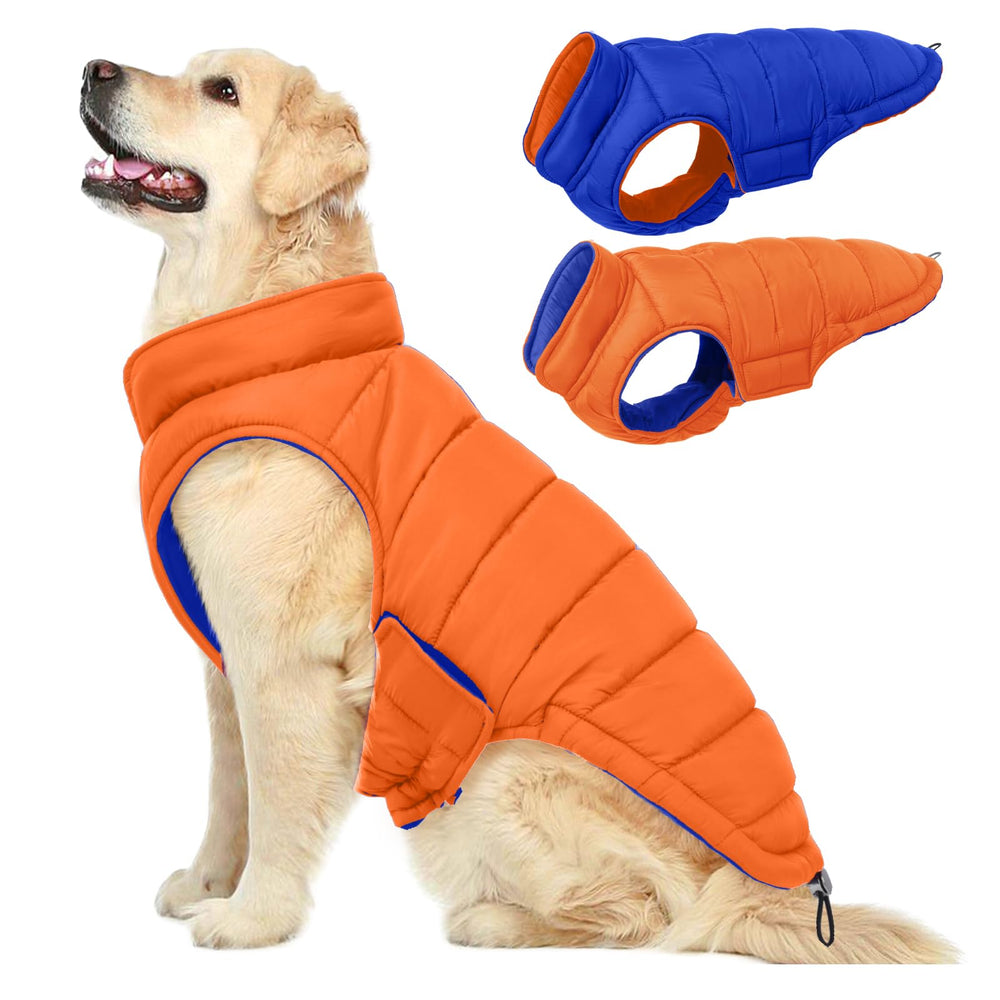 Manteau réversible QBLEEV pour chien grande taille en orange, deux tenues possibles