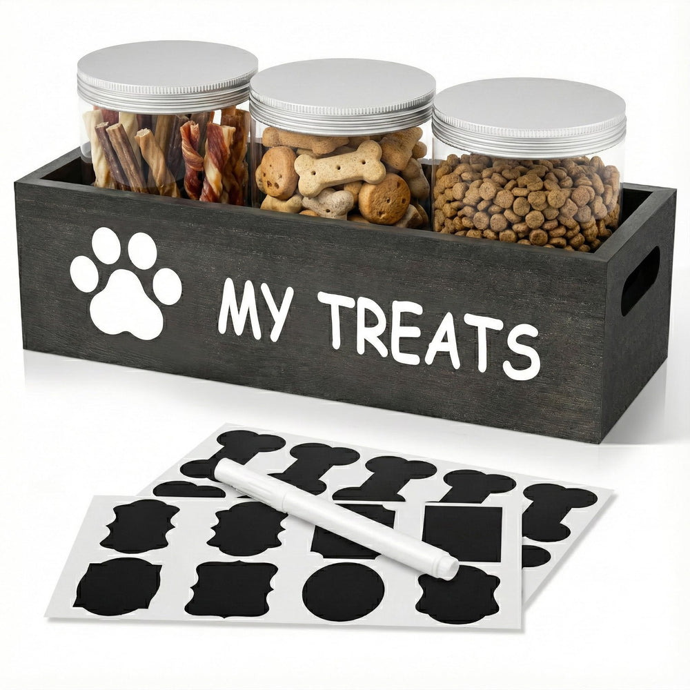 Boîtes hermétiques qeerable pour friandises chien, visuel clair sur plan de travail