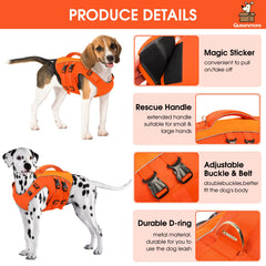 Queenmore gilet de vie chien orange vue dos, poignée et dispositif de sécurité