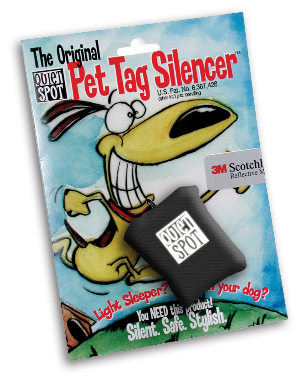Quiet Spot Pet Tag Silencer noir vue avant, réduction du bruit des étiquettes.