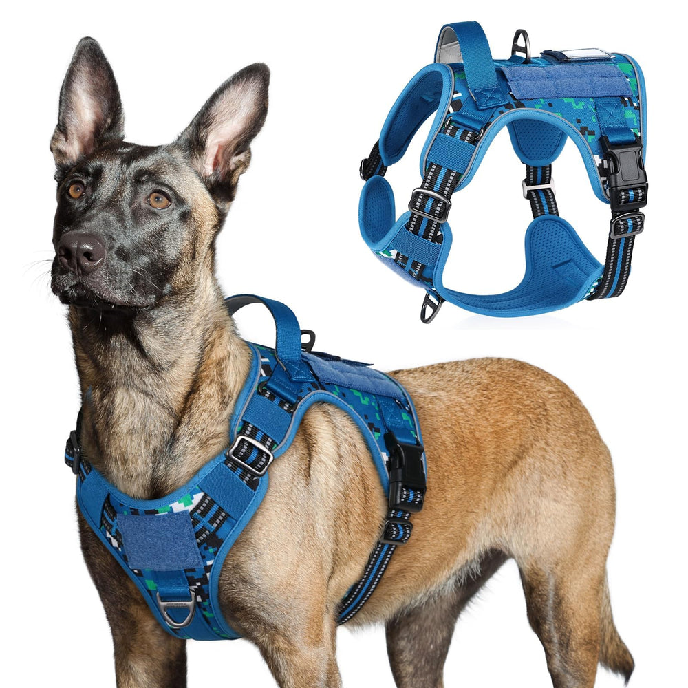Rabbitgoo harnais tactique bleu camouflage pour grand chien, confort et ajustement faciles.