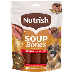 Soup Bones Nutrish au bœuf réel et orge, récompense appréciée lors des promenades.