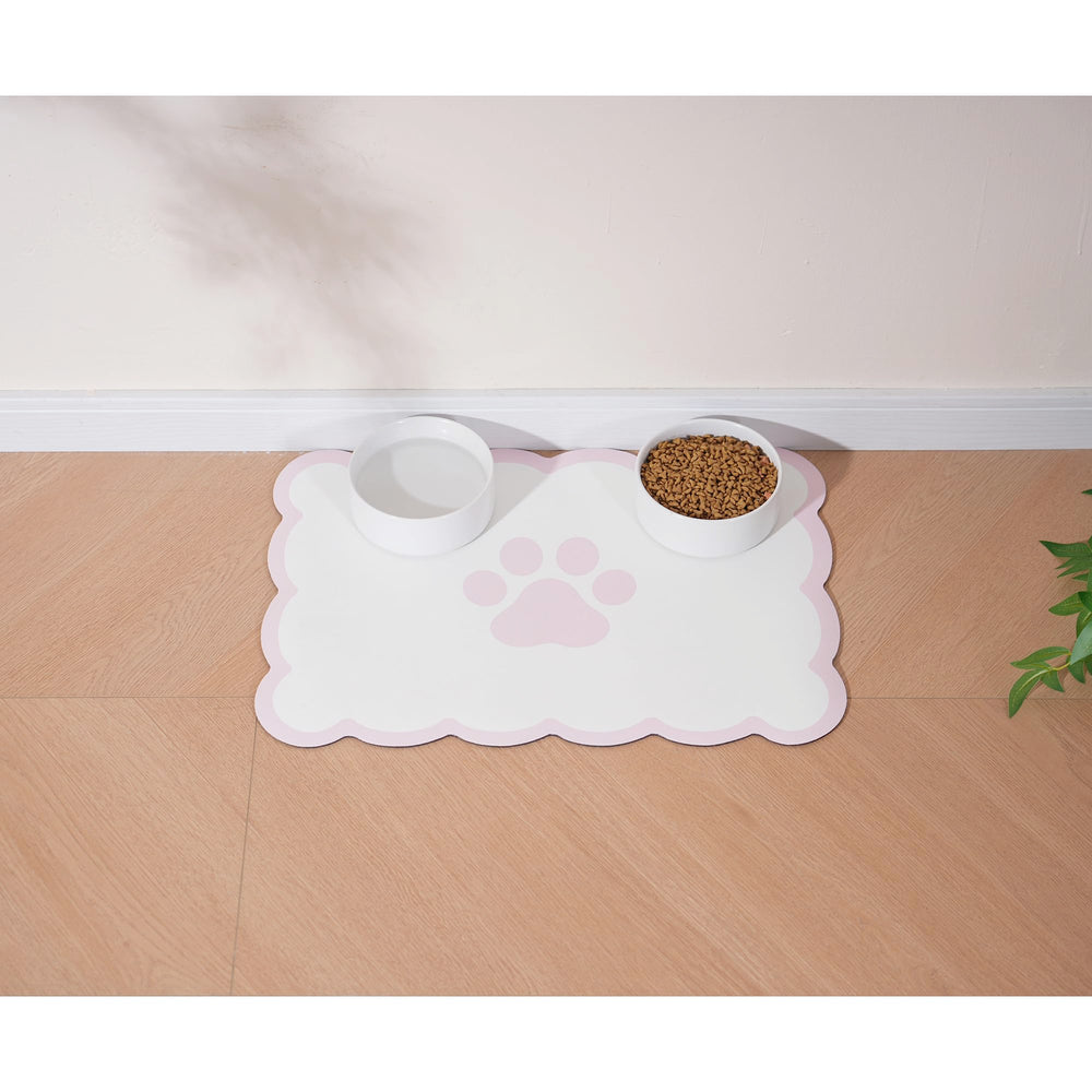 Ralxion tapis d'alimentation chien/chat, bordures ondulées rose pastel, anti-dérapant et absorbant.