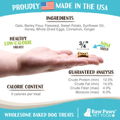 Biscuits Raw Paws cuits aux États‑Unis, qualité durable, patate douce et miel.