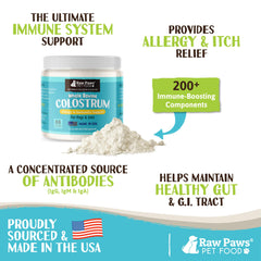 Poudre Raw Paws Colostrum bovin en sachet, prêt à l emploi.