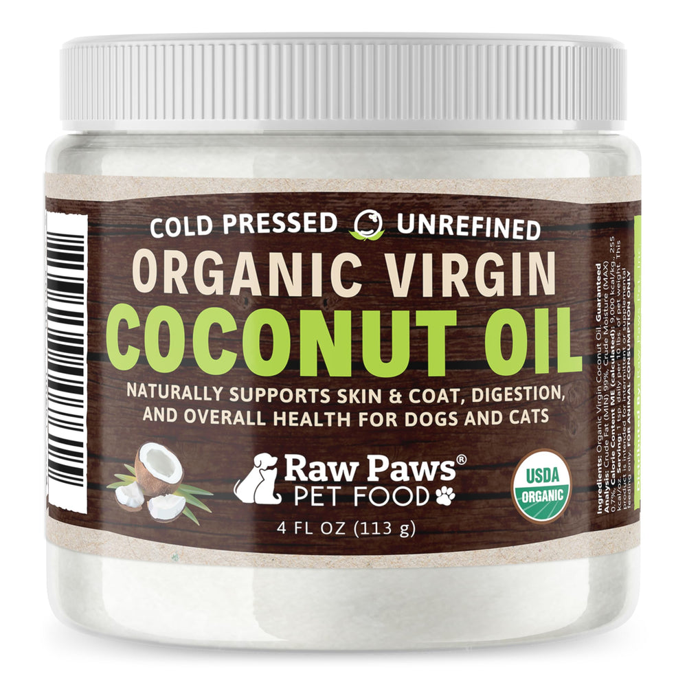 Raw Paws Huile Coco Vierge Bio – bouteille visible, soutien potentiel au pelage des chiens et chats.