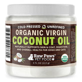 Raw Paws Huile Coco Vierge Bio – bouteille visible, soutien potentiel au pelage des chiens et chats.