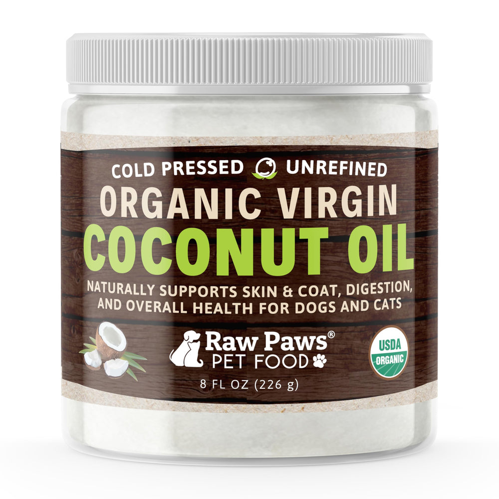 Raw Paws huile de coco bio pour chiens et chats, bouteille prête à verser, soin du pelage.