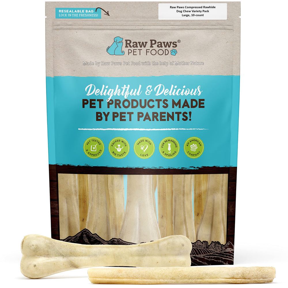 Raw Paws os en cuir brut comprimé pour gros chien, mastication durable et sécurisée.