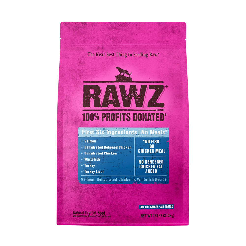 Rawz croquettes chat saumon poulet déshydraté, riche en protéines pour chats actifs.