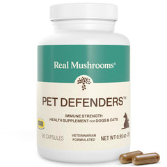 Real Mushrooms Pet Defenders avec Krill – poudre prête à doser pour soutenir l'immunité.