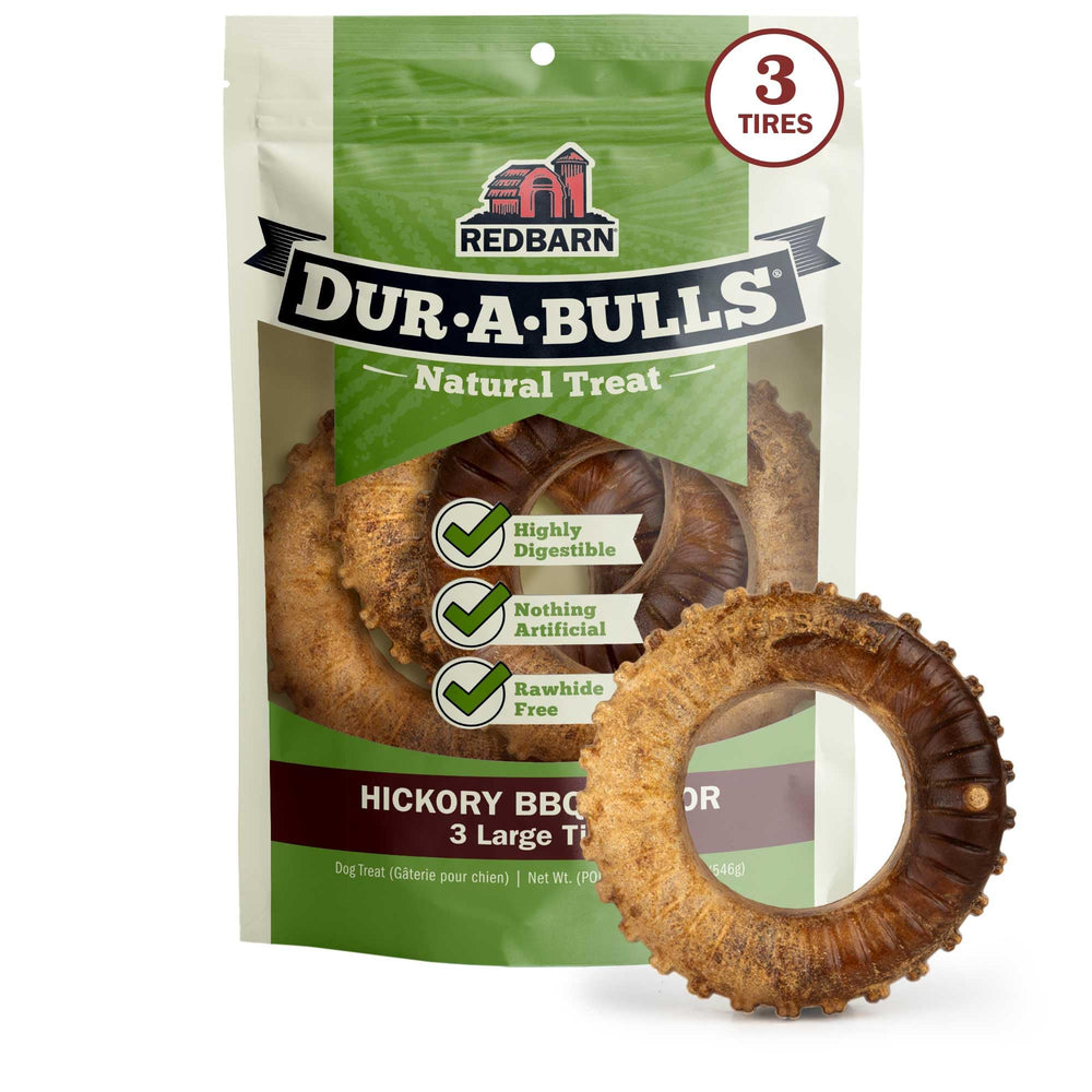 Redbarn Dur-A-Bulls emballage triple roues, saveur fumée au bois et sans plastique.