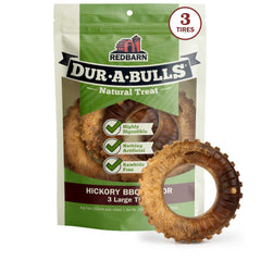 Redbarn Dur-A-Bulls emballage triple roues, saveur fumée au bois et sans plastique.