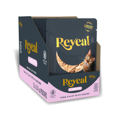 Reveal alimentation humide chat: thon-filet et crevettes dans bouillon, hydratation et plaisir.