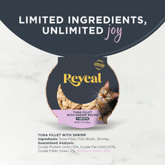 Reveal texture-hydratante et savoureuse avec thon et crevettes, pâtée premium pour félins exigeants.