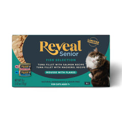 Reveal Chat Senior: flocons-thon-filet-mousse visibles en boîte, hydratation et appétit.
