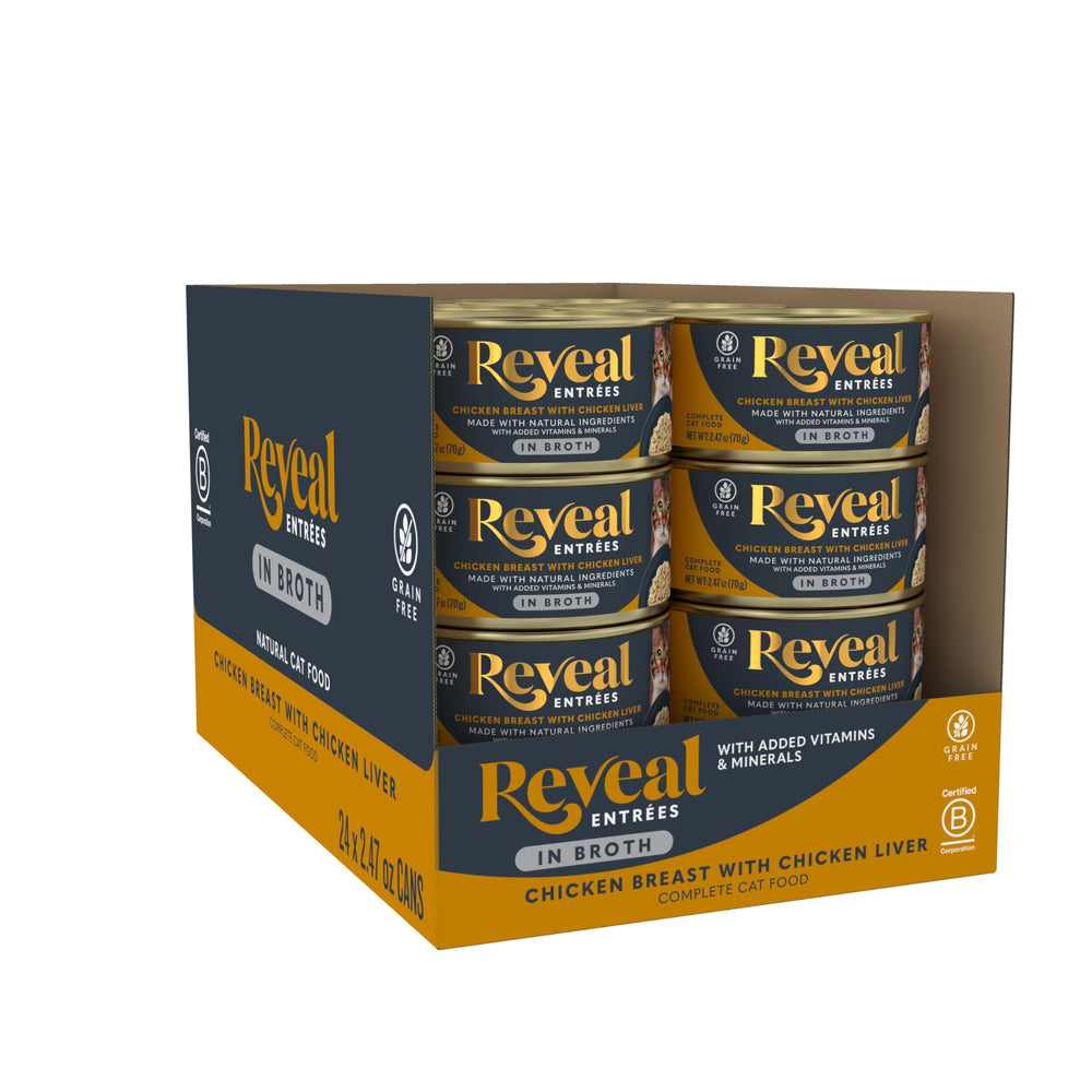 Reveal Entrées bouillon au poulet et foie, hydratation naturelle pour votre chat