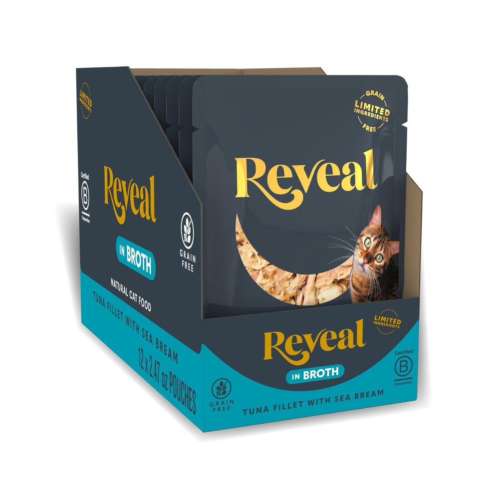 Reveal – Thon et dorade dans bouillon, repas humide hydratant pour chat.