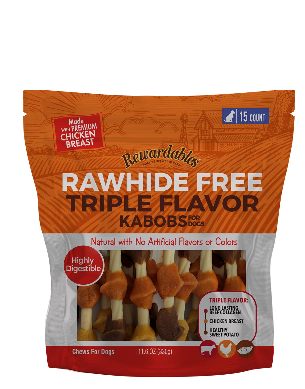 Rewardables broches triple saveur poulet-boeuf-patate-douce, friandise longue durée.