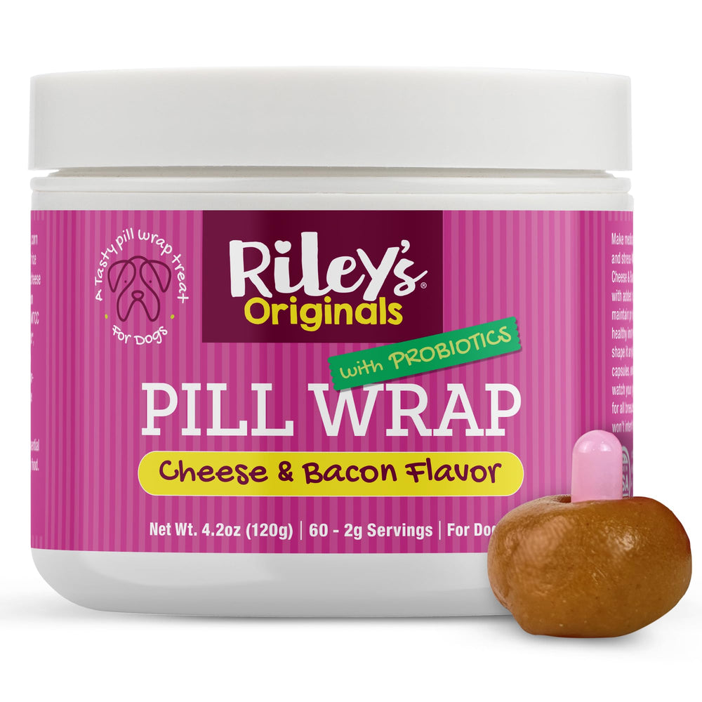 Riley's Pill Wrap pâte fromage-bacon dans un pot pratique pour masquer les pilules.