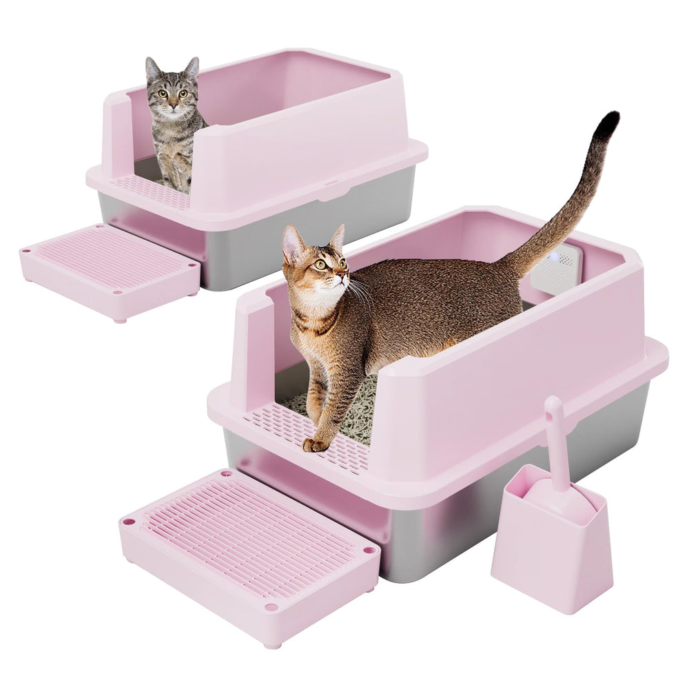 Bac à litière RIZZARI en inox rose ouvert, accès facile pour chats
