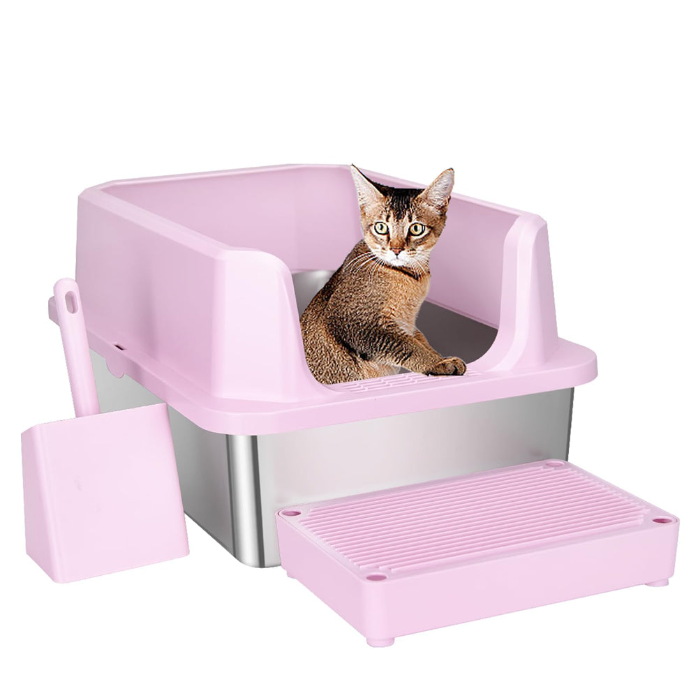 Litière RIZZARI en acier inox rose grand format, espace idéal pour grands chats