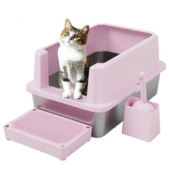 RIZZARI litière chat grand pan acier 304 rose ouvert – espace spacieux pour grands chats