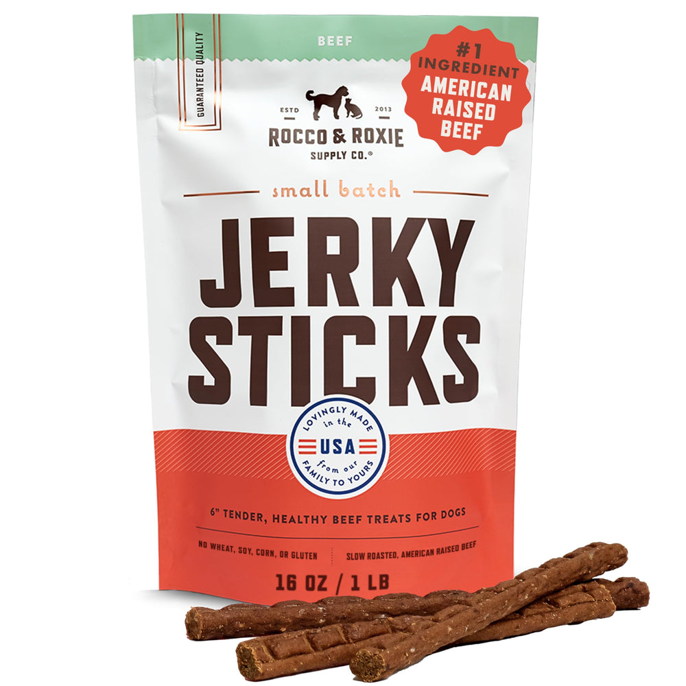 Rocco & Roxie : jerky de bœuf pour chien, texture tendre idéale pour l'entraînement.