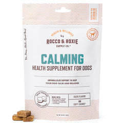 Friandises apaisantes Rocco & Roxie au goût canard en bouteille pour chien, calmes et rassurantes.