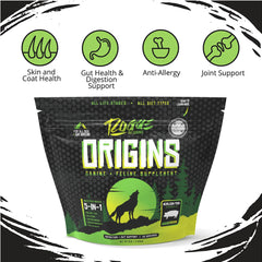 Rogue Pet Science Origins: prébiotiques et probiotiques pour digestion potentiellement plus équilibrée.