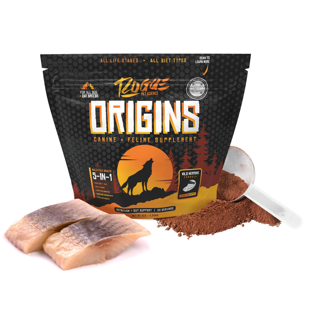 Topper Origins Rogue Pet Science pour nourriture chien, soutien digestif et goût apprécié.
