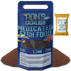 RON'S CICHLIDS granules medicamenteux pour cichlides, flacon visible, ingestion contrôlée.