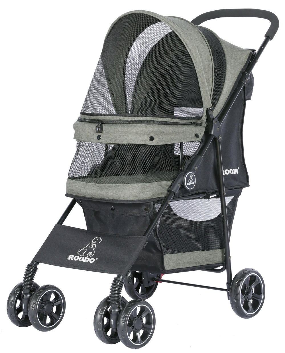 Poussette ROODO 4 roues avec avant 360°, balades fluides pour chien et chat.