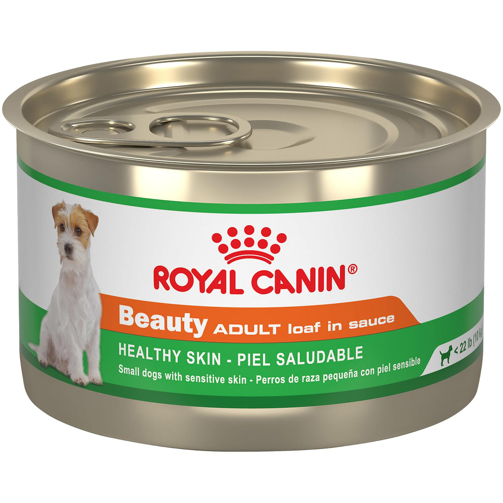 Boîte Royal Canin Beauté Loaf en Sauce pour chiens adultes, pratique et nutritive.