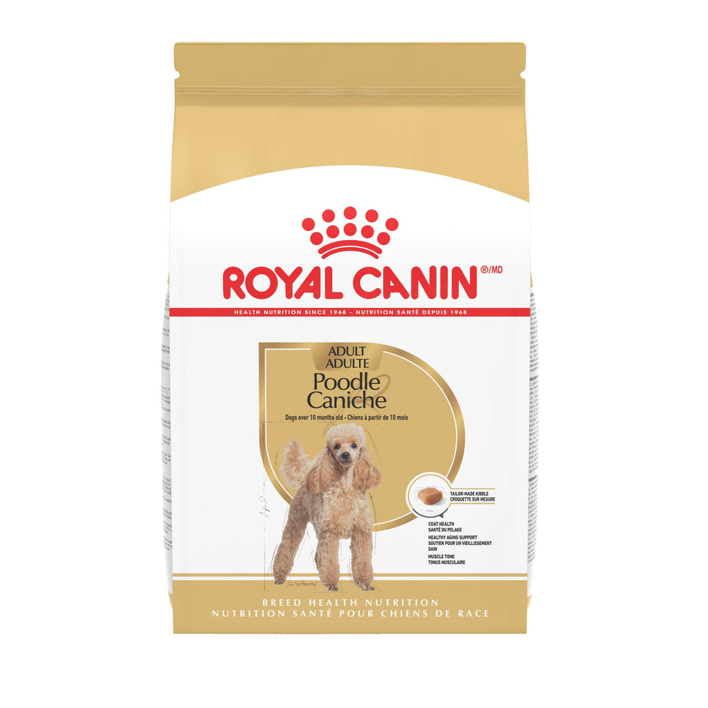Royal Canin croquettes Caniche adulte, forme adaptée et prise facilitée.