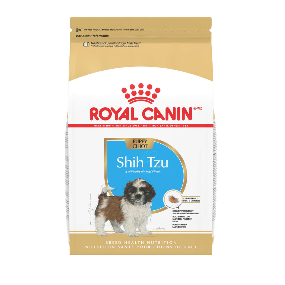 Shih Tzu Puppy Royal Canin, croquettes forme adaptée museau court, facilite prise en bouche.
