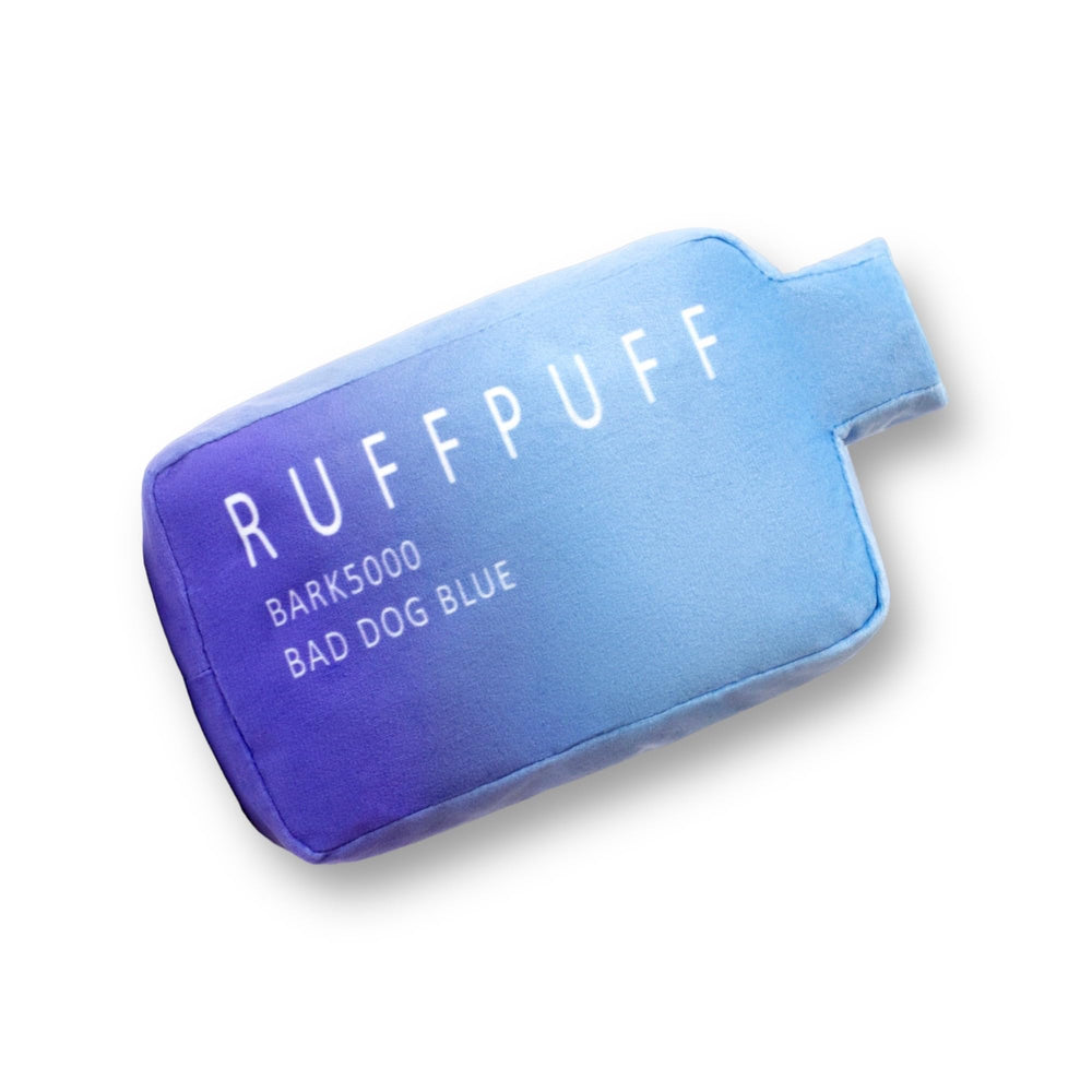 Jouet Ruff Puff pour chien avec sifflet et forme vape drôle, stimulation ludique.