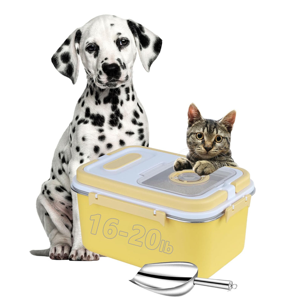 Sanbo conteneur nourriture chat en acier inoxydable 10L jaune, rangement durable et étanche.