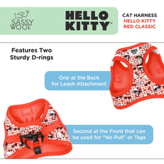 Harnais Sassy Woof Chat Hello Kitty Rouge Classic XS, dos avec deux anneaux en D