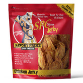 Savory Prime Jerky de poulet — emballage visible, friandise naturelle prête à l'apprentissage.