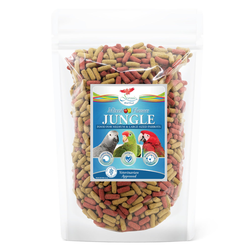 Scenic Mix Jungle: pellets pour grands oiseaux, protéine élevée et faible fer.