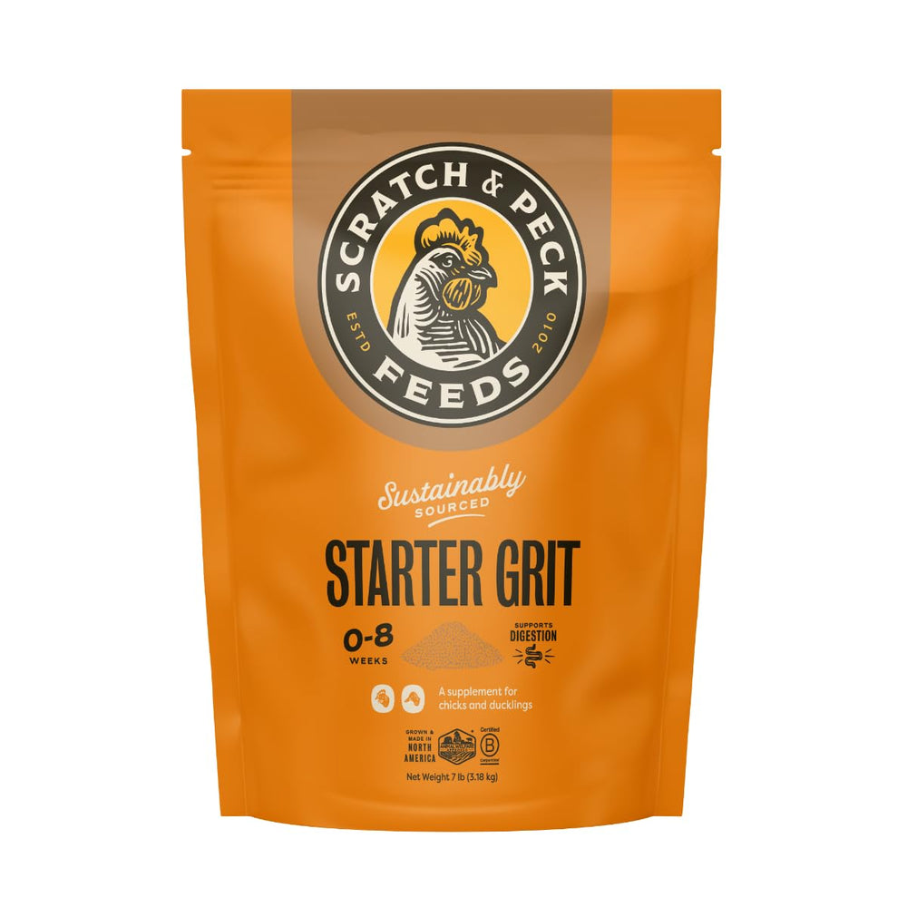 Scratch and Peck Starter Grit emballage pratique et durable pour poulets.