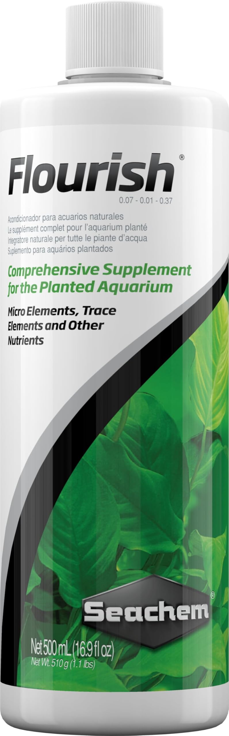 Flacon Seachem Flourish versant, soutien à la croissance des plantes d'aquarium.