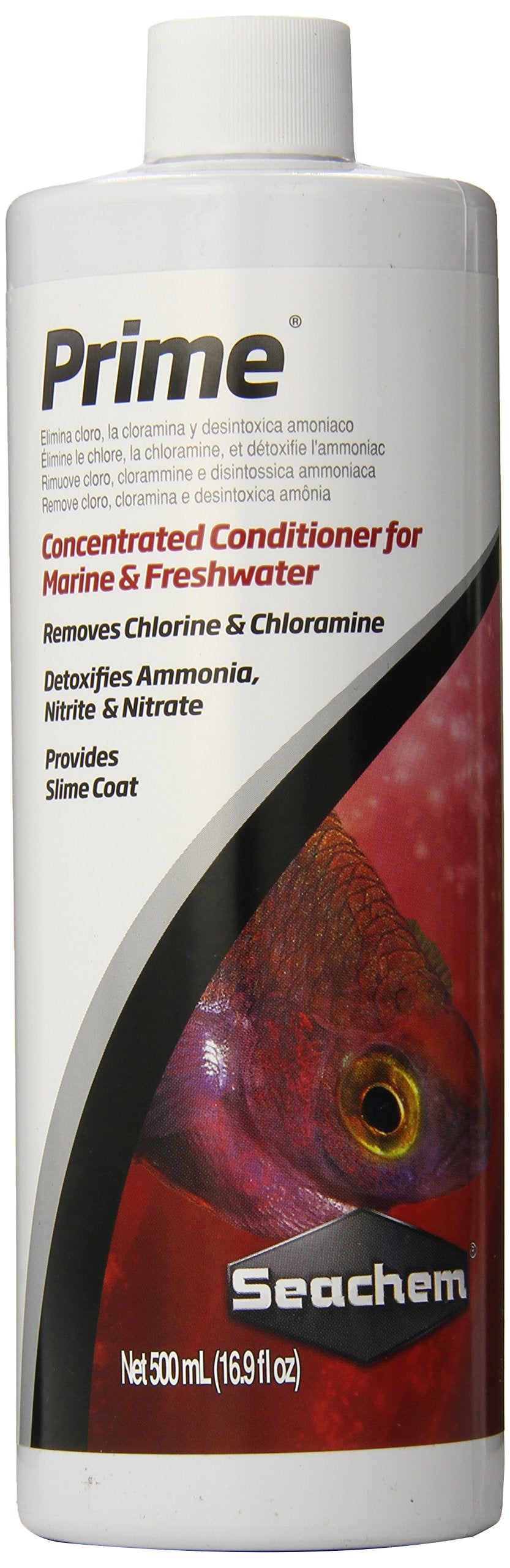 Prime Seachem, bouteille 500 ml, detoxifie l'eau et protège poissons et invertébrés.
