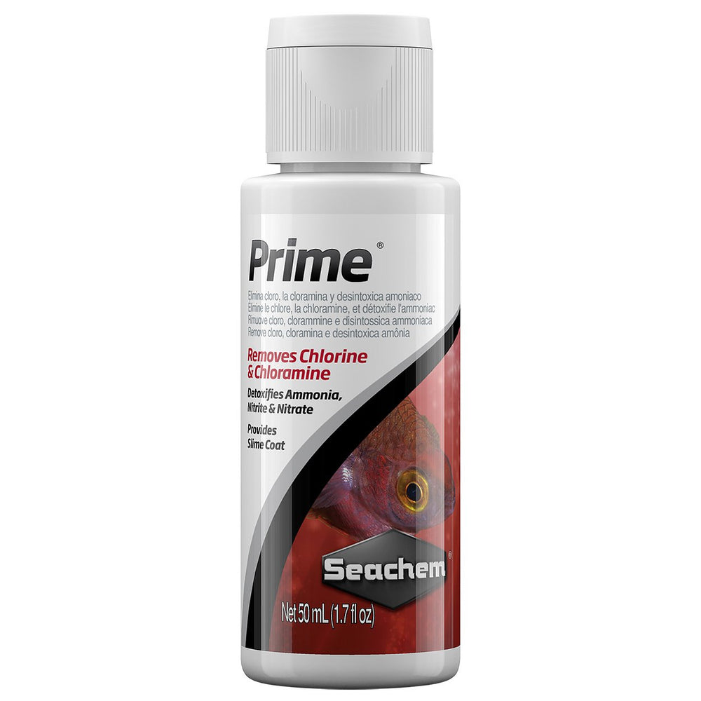 Seachem Prime, bouteille de 50 ml prête à traiter l'eau neuve en aquarium.