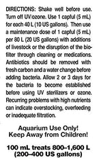 Seachem Pristine, etiquette du produit, montrant une solution biologique naturelle pour l’eau.