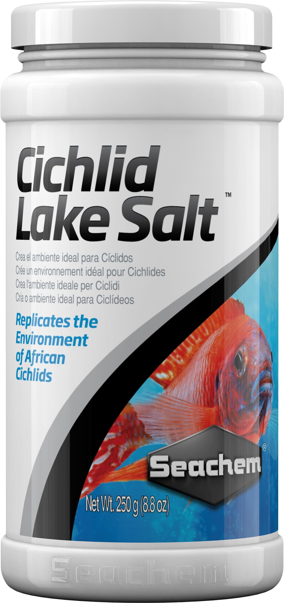 Bouteille Seachem Sel de Lac pour Cichlides 250 g prête à l'emploi pour l'équilibre minéral.