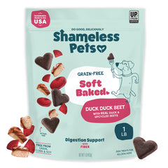 Shameless Pets biscuits tendres canard et betterave, gâterie savoureuse favorisant le soutien digestif.