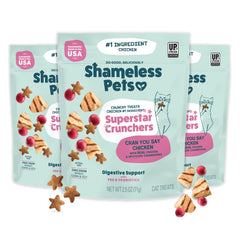 Friandises croustillantes Shameless Pets pour chats, croquant et soutien digestif avec prébiotiques.